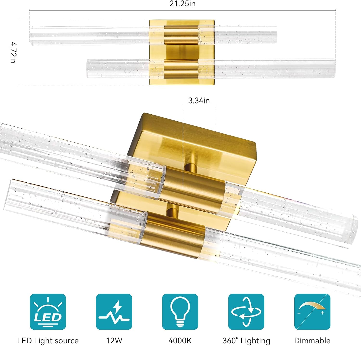 Crystal Wall Sconces Set of Two LED Bathroom Vanity Light Fixtures Gold 21.25in 4000K Vertical and Horizontal Wall Mounted Sconces for Bedroom, Living Room, Hallway