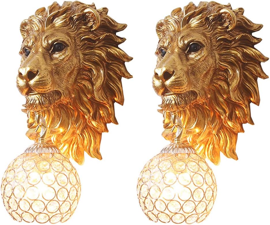 Gold Lion Head Wall Sconces Set of 2, Modern Luxury Crystal Globe Wall Lamp, Resin Animal Head Decorative Wall Mounted Light Fixtures for Living Room Bedroom Hallway Entryway