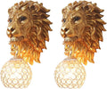 Gold Lion Head Wall Sconces Set of 2, Modern Luxury Crystal Globe Wall Lamp, Resin Animal Head Decorative Wall Mounted Light Fixtures for Living Room Bedroom Hallway Entryway