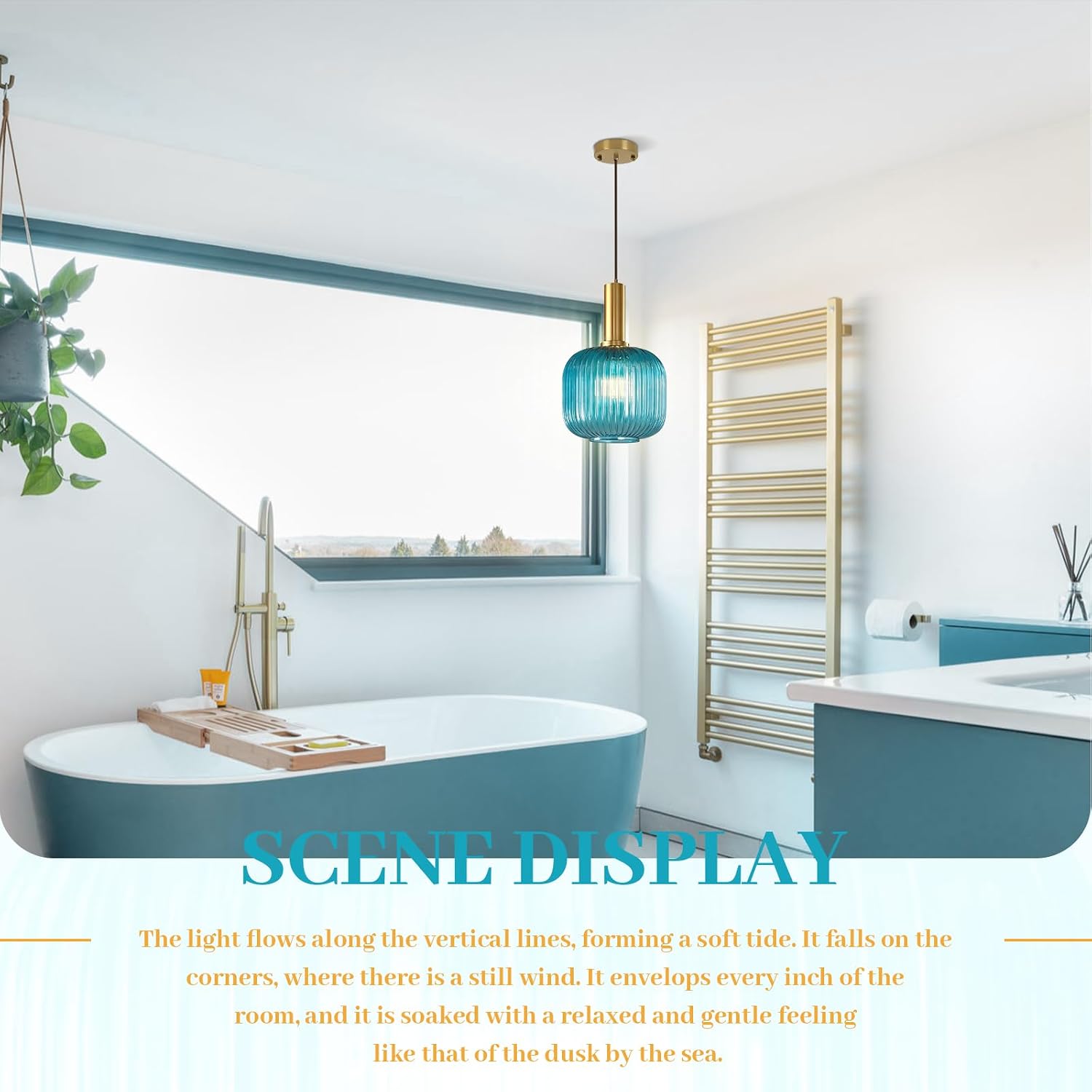 Modern Blue Pendant Light, Glass Hanging Light with Gold Finished, Mid Century Kitchen Lighting Fixture Ceiling Hanging, Coastal Pendant Lighting for Dining Room Kitchen Island