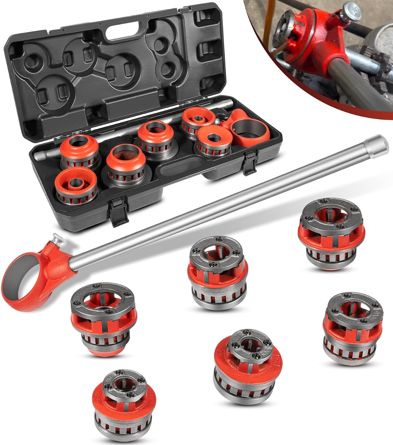 36475 12-R Manual Exposed Ratchet Pipe Threader Set with 6 NPT Die Heads, 1/2' - 2' NPT Portable Ratcheting Pipe Threading Tool Kit with Storage Case for 1/8' to 2' Plumbing Installation and Repair