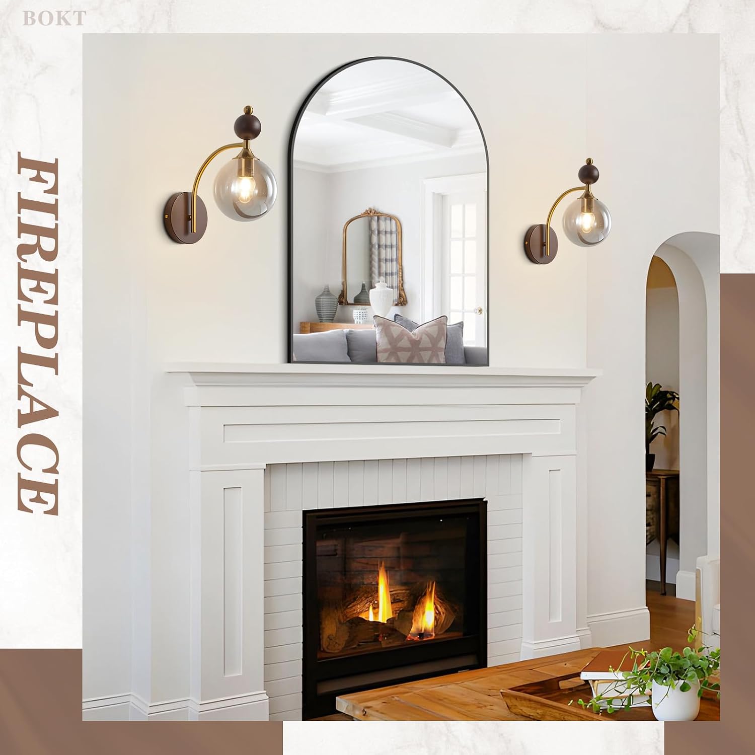 BOKT Modern Glass Globe Wall Sconce with 5.9' Smoke Grey Round Lampshade Small Wall Sconces Set of Two Farmhouse Wall Mounted Sconce Light Vintage Wooden Wall Lights for Bedroom Bathroom