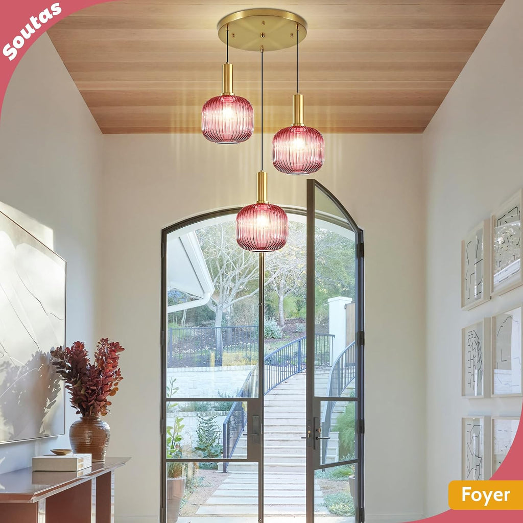 Girl Room Pink Glass Pendant Chandelier Mid Century Glod 3-Light Hanging Light Farmhouse E26 Base for Bedside Dining Table Foyer
