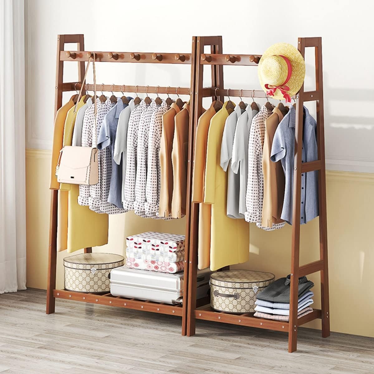 Bamboo Clothes Hanging Rack Portable Laundry Rack Cloest Organizer Garment Rack for Bedroom Guest Room Entryway and Bed Room/49Cm (89cm )