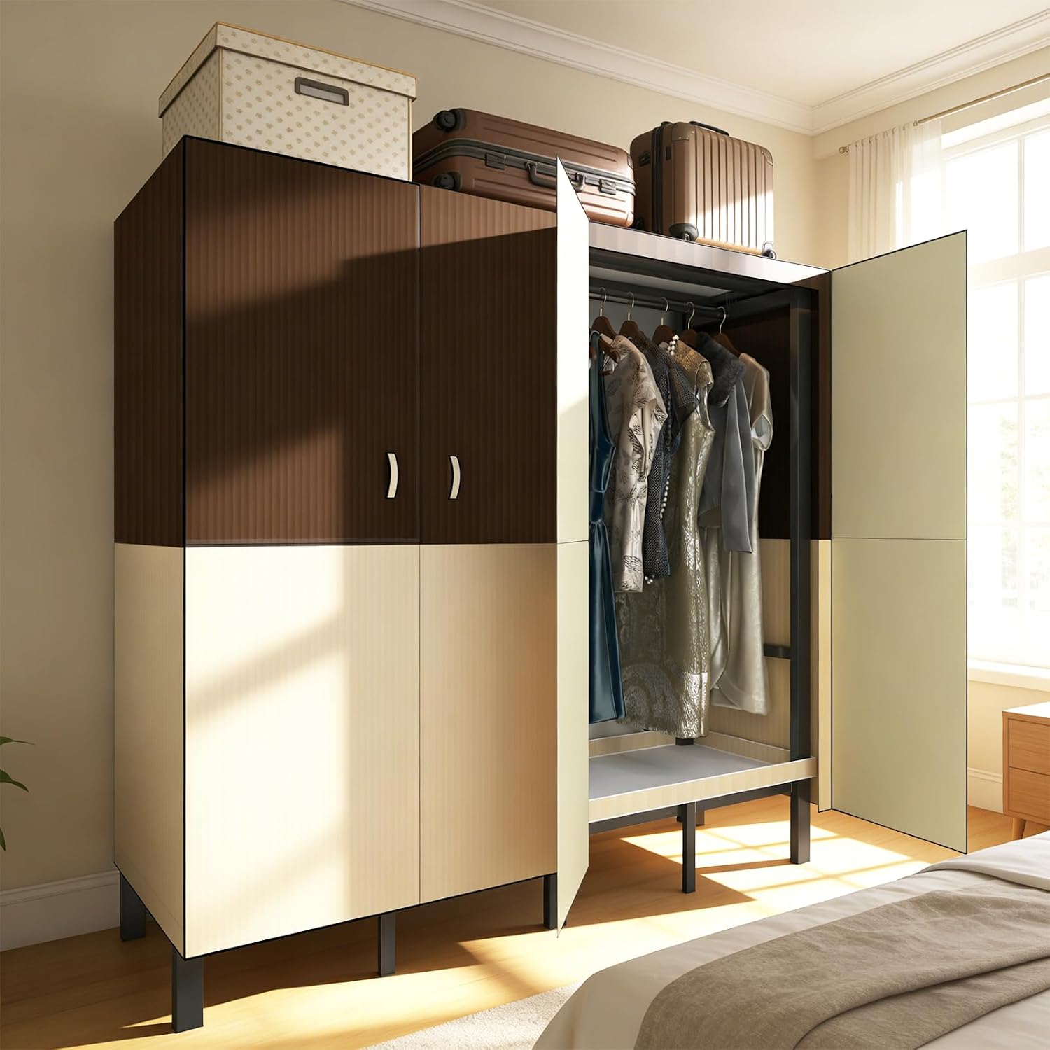Heavy Duty Portable Closet Wardrobe, Freestanding Wardrobe with Magnetic Door, Multifunctional Closet Storage System, Foldable Portable Closet with Cover. (Brown, 49.2in/125cm)