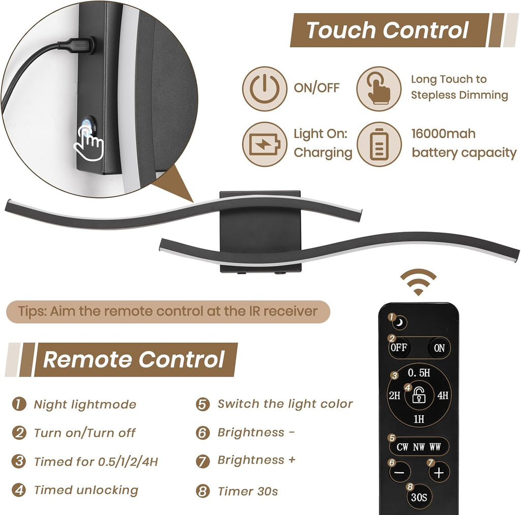 Modern LED Wall Sconce set of Two, Battery Powered Wall Sconces set of 2 with Timer, Black Wall Light with Remote, LED Wall Lamp indoor not hardwired for Bathroom Living Room Bedroom Corridor