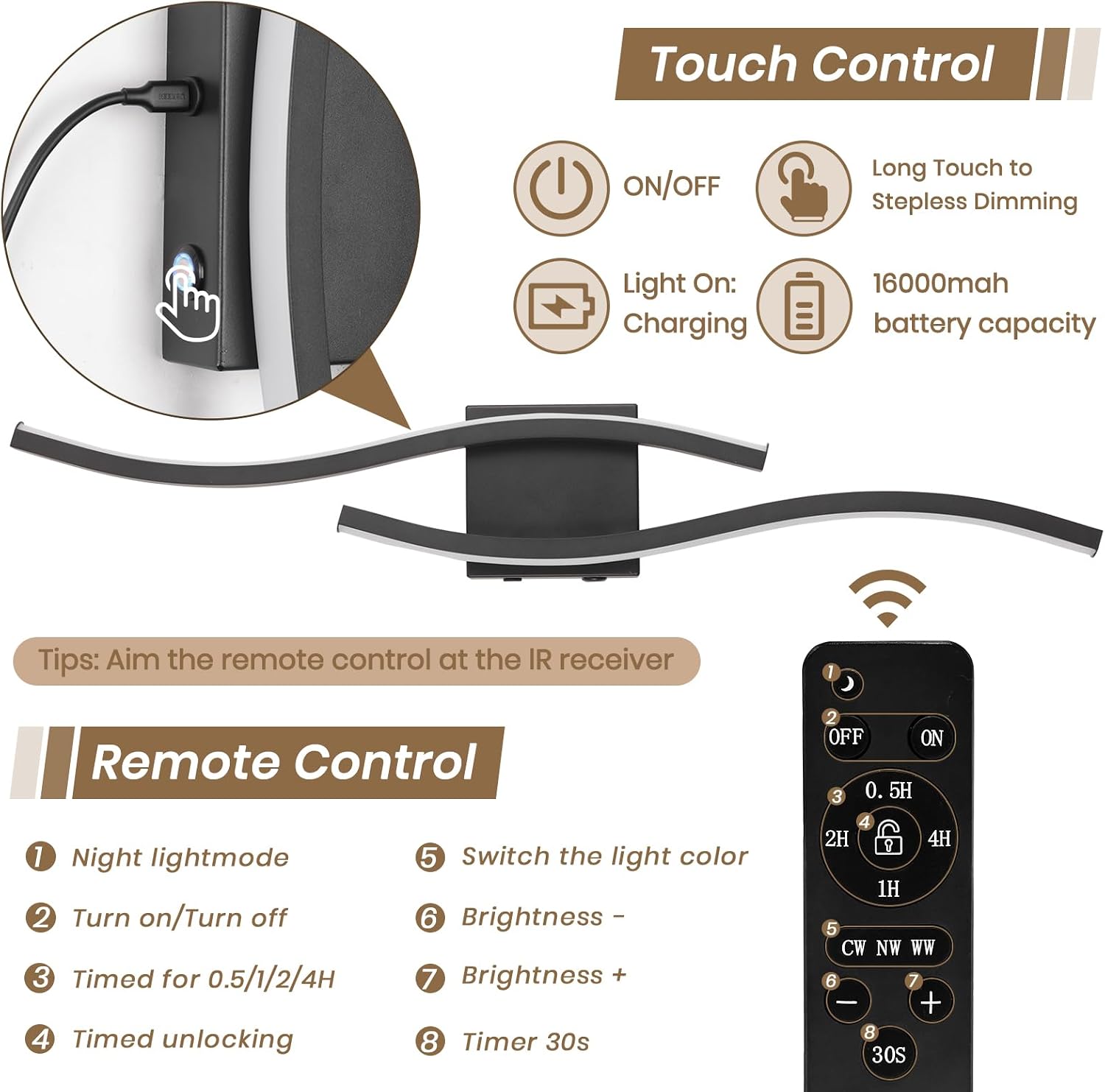 Modern LED Wall Sconce set of Two, Battery Powered Wall Sconces set of 2 with Timer, Black Wall Light with Remote, LED Wall Lamp indoor not hardwired for Bathroom Living Room Bedroom Corridor