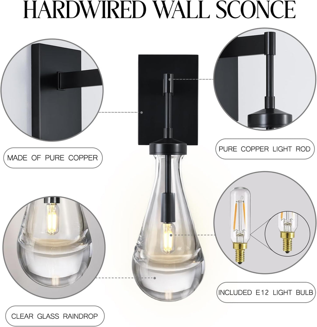 Wall Sconces Set of Two, Black Dimmable Raindrop Wall Lighting, Modern Bathroom Sconces Wall Lamps Vanity Lighting for Living Room, Wall Lights for Bedroom, Hallway