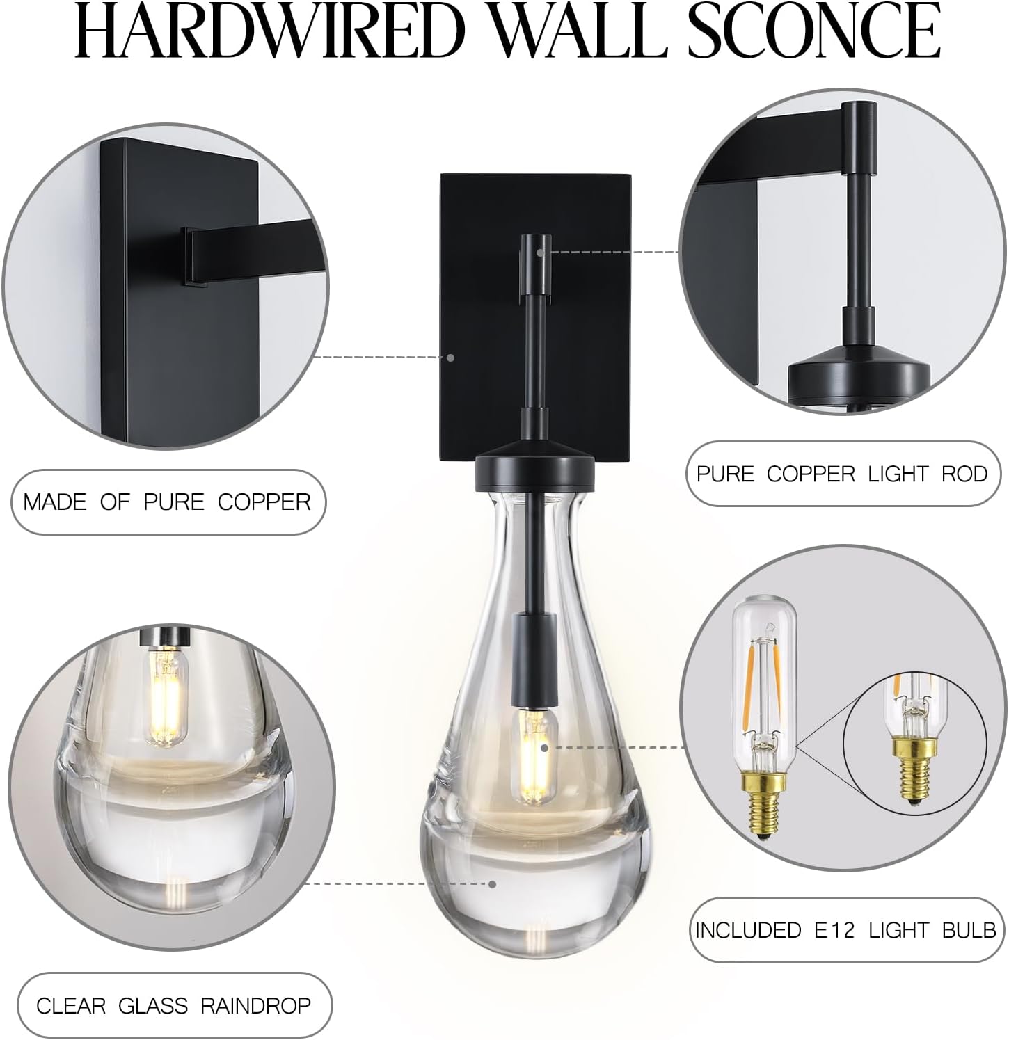 Wall Sconces Set of Two, Black Dimmable Raindrop Wall Lighting, Modern Bathroom Sconces Wall Lamps Vanity Lighting for Living Room, Wall Lights for Bedroom, Hallway