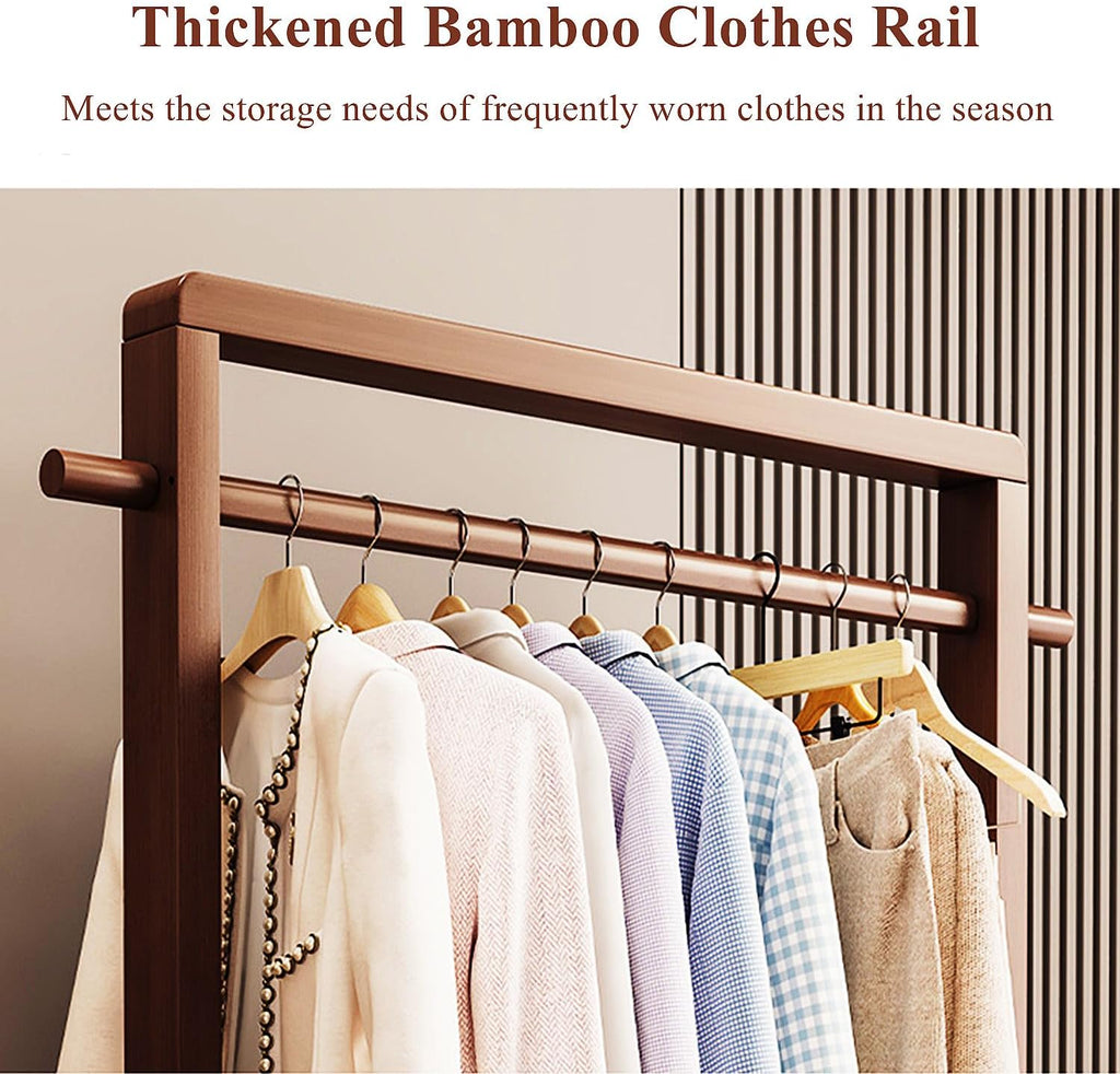 Large Solid Wood Clothes Rack, Garment Rack for Hanging Clothes, Bamboo Clothing Rack with Storage Shelf & Wheels, Portable Clothes Rack Coat Rack for Entryway and Bedroom,Brown,65cm
