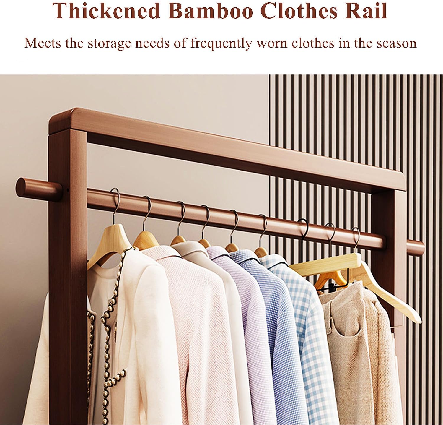 Large Solid Wood Clothes Rack, Garment Rack for Hanging Clothes, Bamboo Clothing Rack with Storage Shelf & Wheels, Portable Clothes Rack Coat Rack for Entryway and Bedroom,Brown,65cm