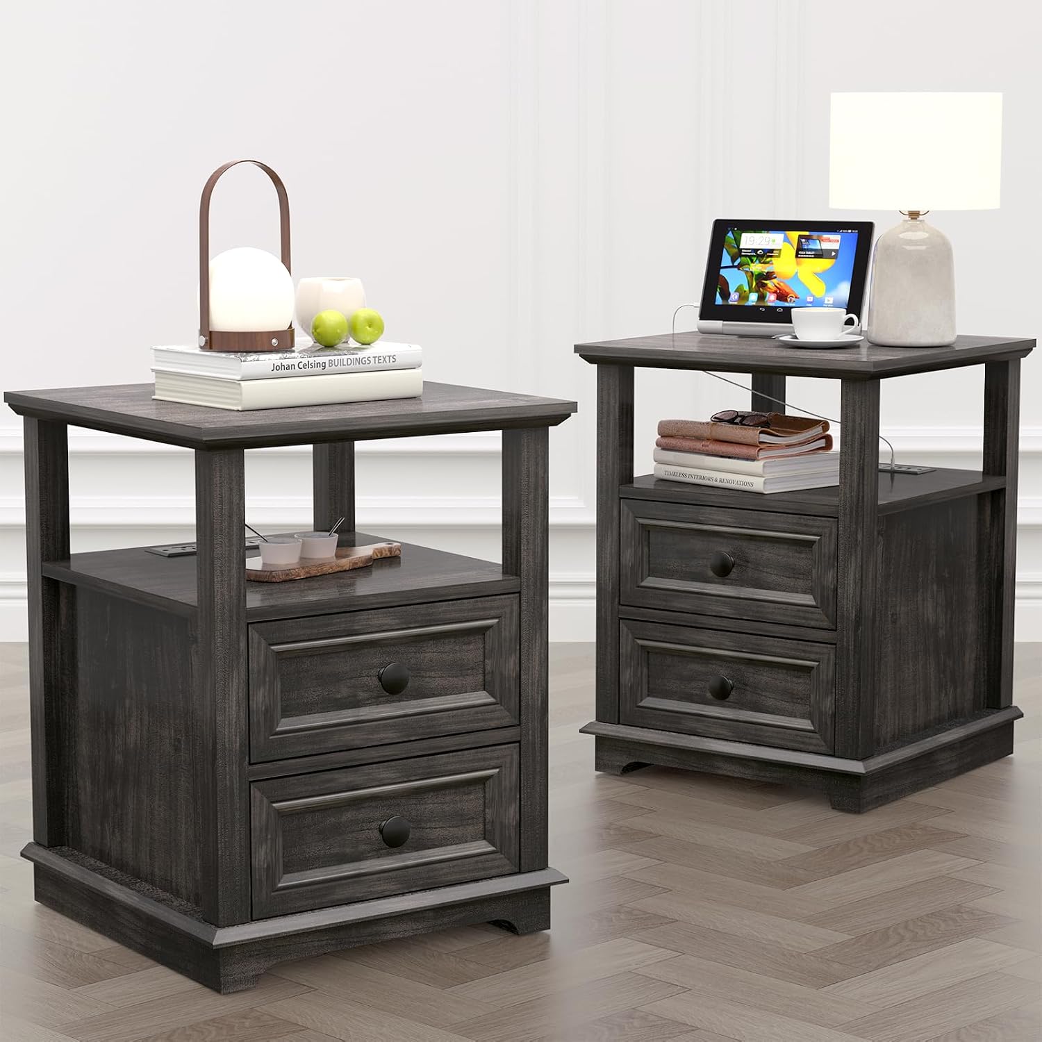 REDAYFUR 24' Nightstand with Fast Charging Station Set of 2, 18' Bedside Table with Drawers,Storage Rustic Wood Storage Cabinet for Bedroom
