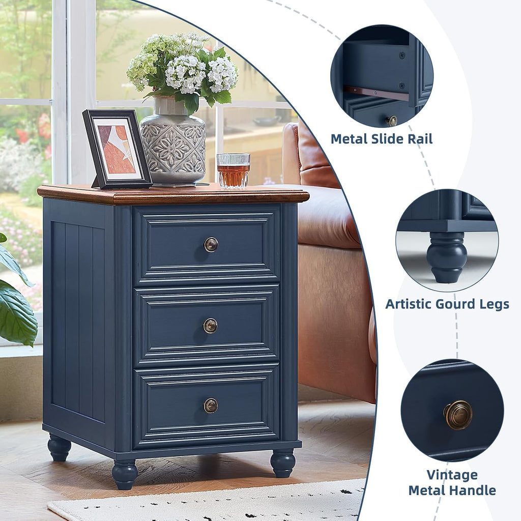RWYHG 18' Farmhouse Nightstand Set 2 with Charging Station and USB Port, Blue Night Stand with 3 Drawers, Wood Bedside End Table with Storage, Bed Side Tables for Bedroom Living Room and Closet