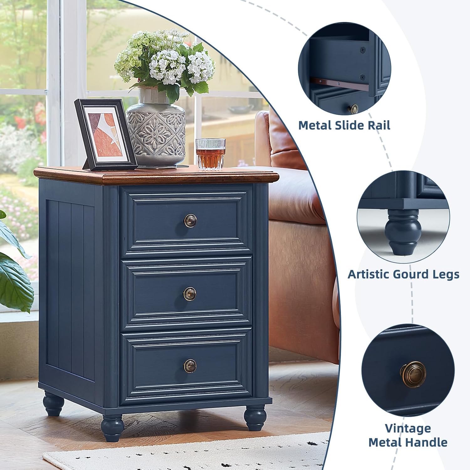 RWYHG 18' Farmhouse Nightstand Set 2 with Charging Station and USB Port, Blue Night Stand with 3 Drawers, Wood Bedside End Table with Storage, Bed Side Tables for Bedroom Living Room and Closet
