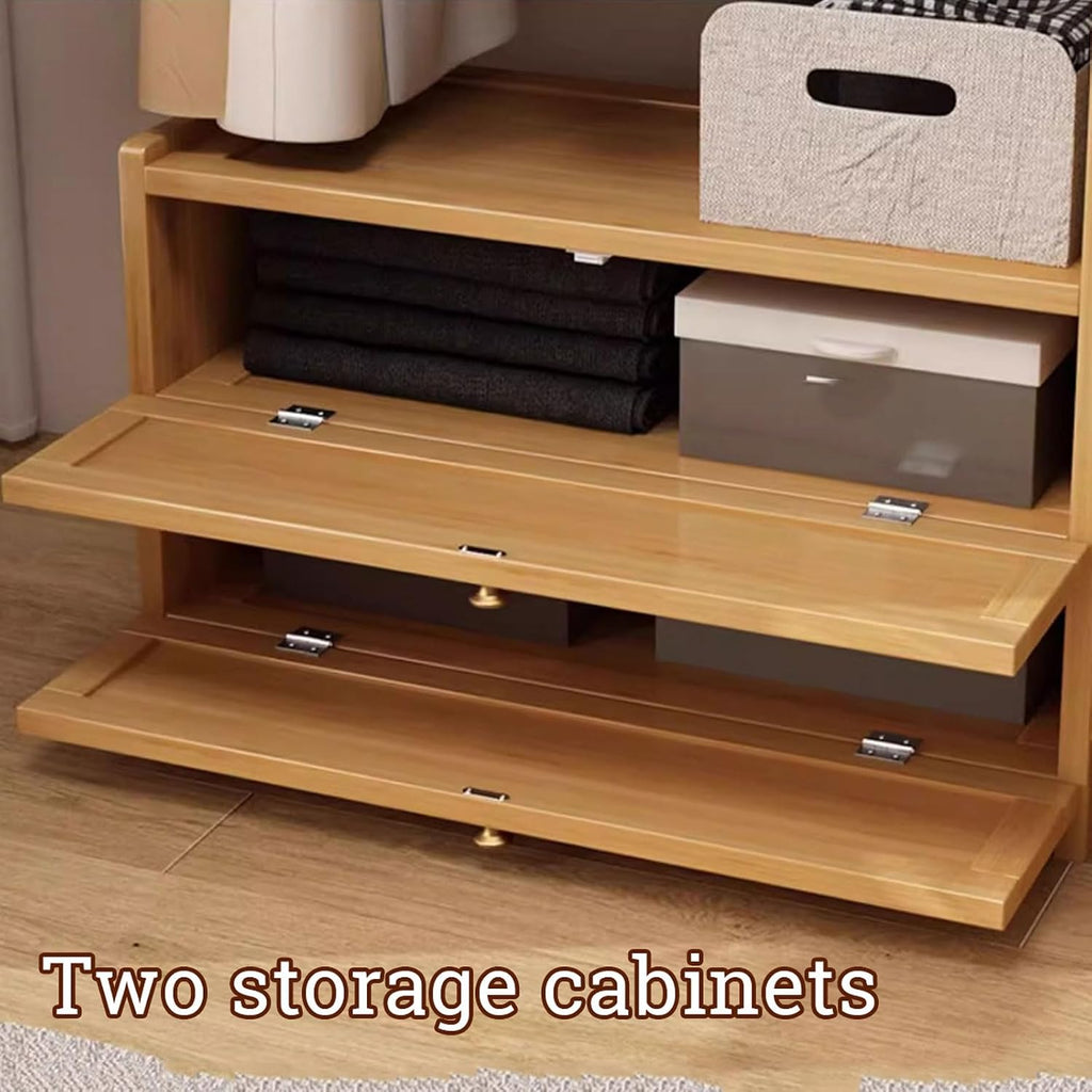 Bamboo Garment Rack Clothes Hat Rack with Storage Shelf, Hanging Rail and 2 Tier Storage Cabinet, Open Wardrobe Hanging Rail Coat Stands for Bedroom Living Room Hallway
