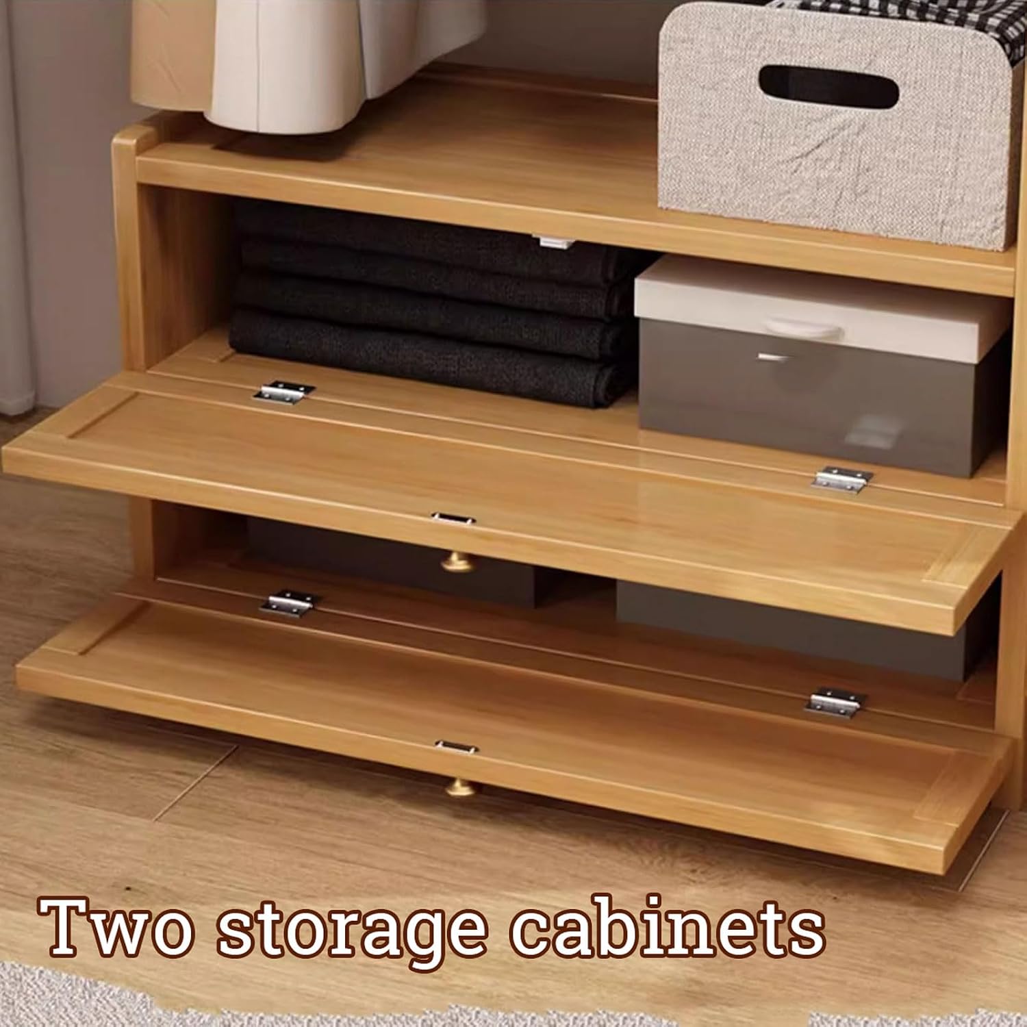 Free Standing Coat Stand Garment Rack Bamboo Clothes Rail Rack with Storage Shelves and 2 Tier Storage Cabinet, Portable Open Wardrobe for Hanging Clothes