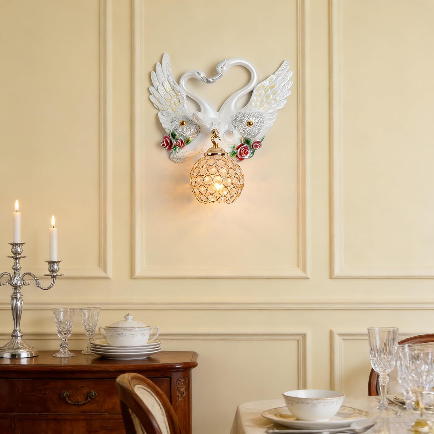 Large White Wall Sconces Crystal Glass Wall Mount Light Luxury Resin Floral Art Deco E26 Modern Wall Light Fixtures for Bedroom, Living Room, Nursery, Hallway