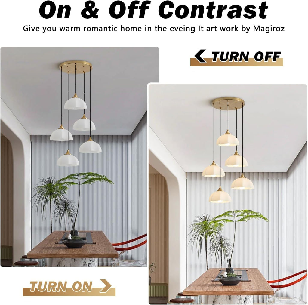 Modern 5 Light Brushed Gold Pendant Lighting Mid Century Milk Glass Cluster Pendant Lights Kitchen Island Adjustable Brass Hanging Chandelier Vintage White Ceramic Light Fixture MPL17-5R GD