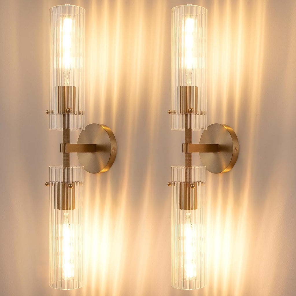Brass Gold 2-Light Knurled Wall Sconce, Dual-Head Vanity Lamp Set of Two with Vertical Striped Glass Tube, Bathroom Wall Sconces, Wall Lights for Living Room Bedroom Hallway Kitchen Bathroom Mirror