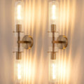 Brass Gold 2-Light Knurled Wall Sconce, Dual-Head Vanity Lamp Set of Two with Vertical Striped Glass Tube, Bathroom Wall Sconces, Wall Lights for Living Room Bedroom Hallway Kitchen Bathroom Mirror