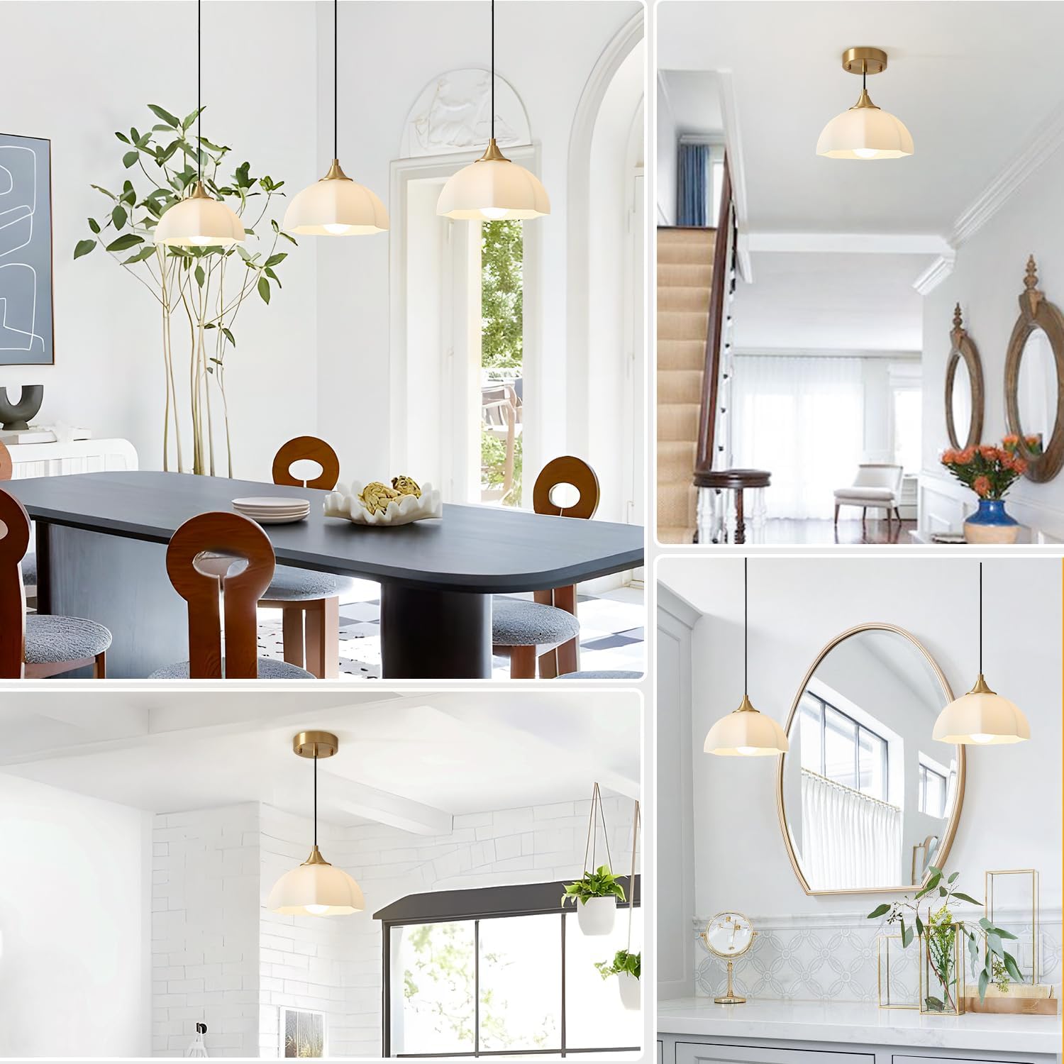 Milk Glass Pendant Light Kitchen Island 2 Pack Mid Century Brushed Gold Dome Ceiling Hanging Light Fixtures Retro Hanging Lamp Set of 2 MPL17-2 GD