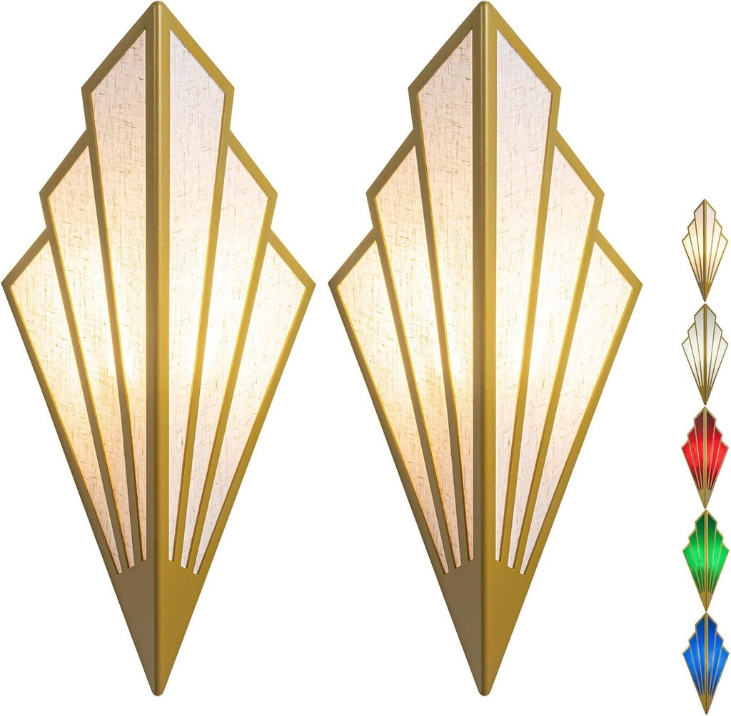 Battery Operated Wall Sconces Set of 2,Not Hard Wired Fabric Shade Triangle Remote Control Wall Lights, Wireless Lamp Fixture for Bedroom, Living Room, Bathroom, Hallway (Color : Gold)