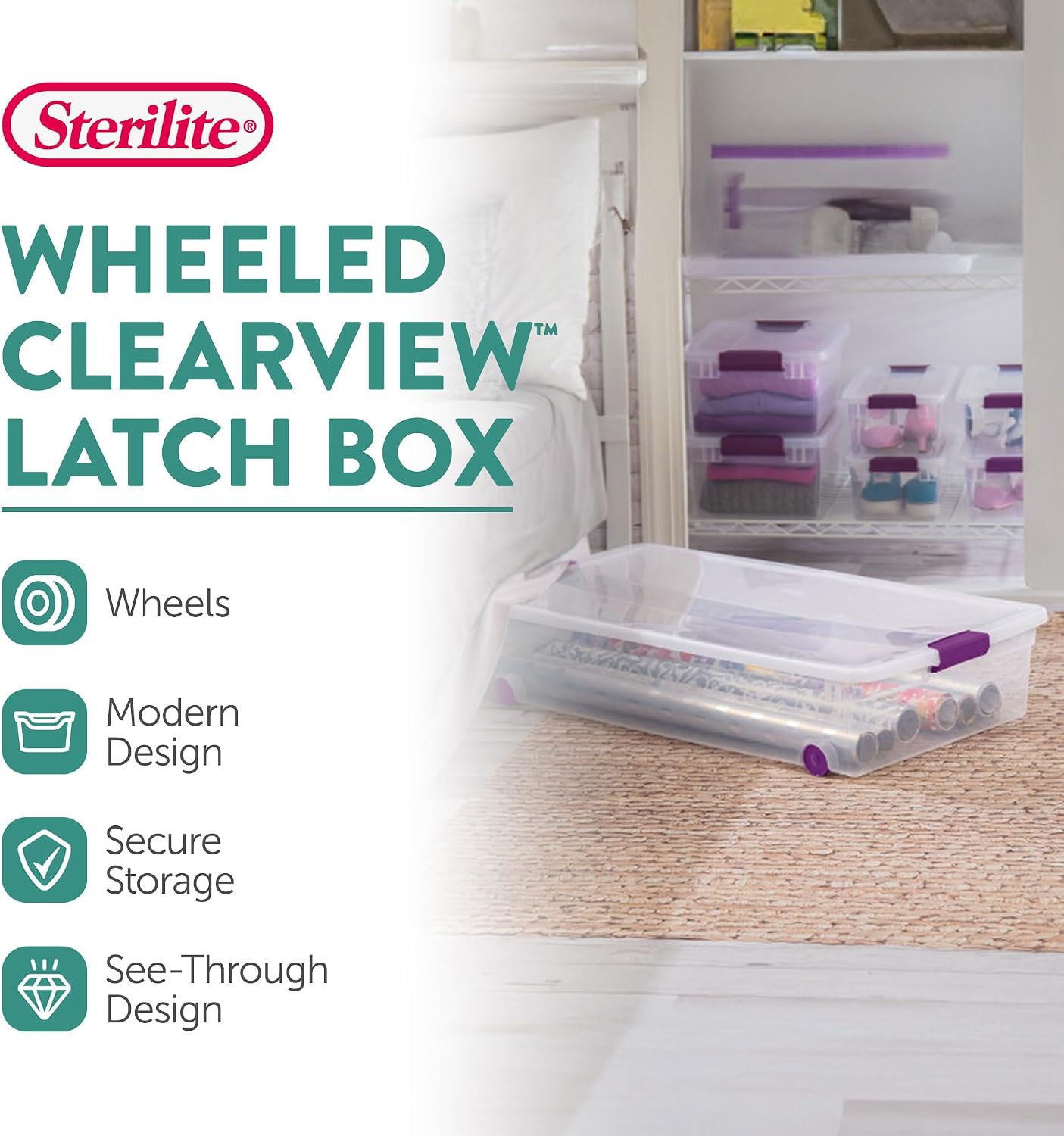 Sterilite 16-Pack 60 Quart ClearView Latch Box, Wheeled Underbed Organizer Bins with Latching Lids - Clear Plastic Organization Containers for Closet, Bedroom, Shelving Units and Everyday Home Storage