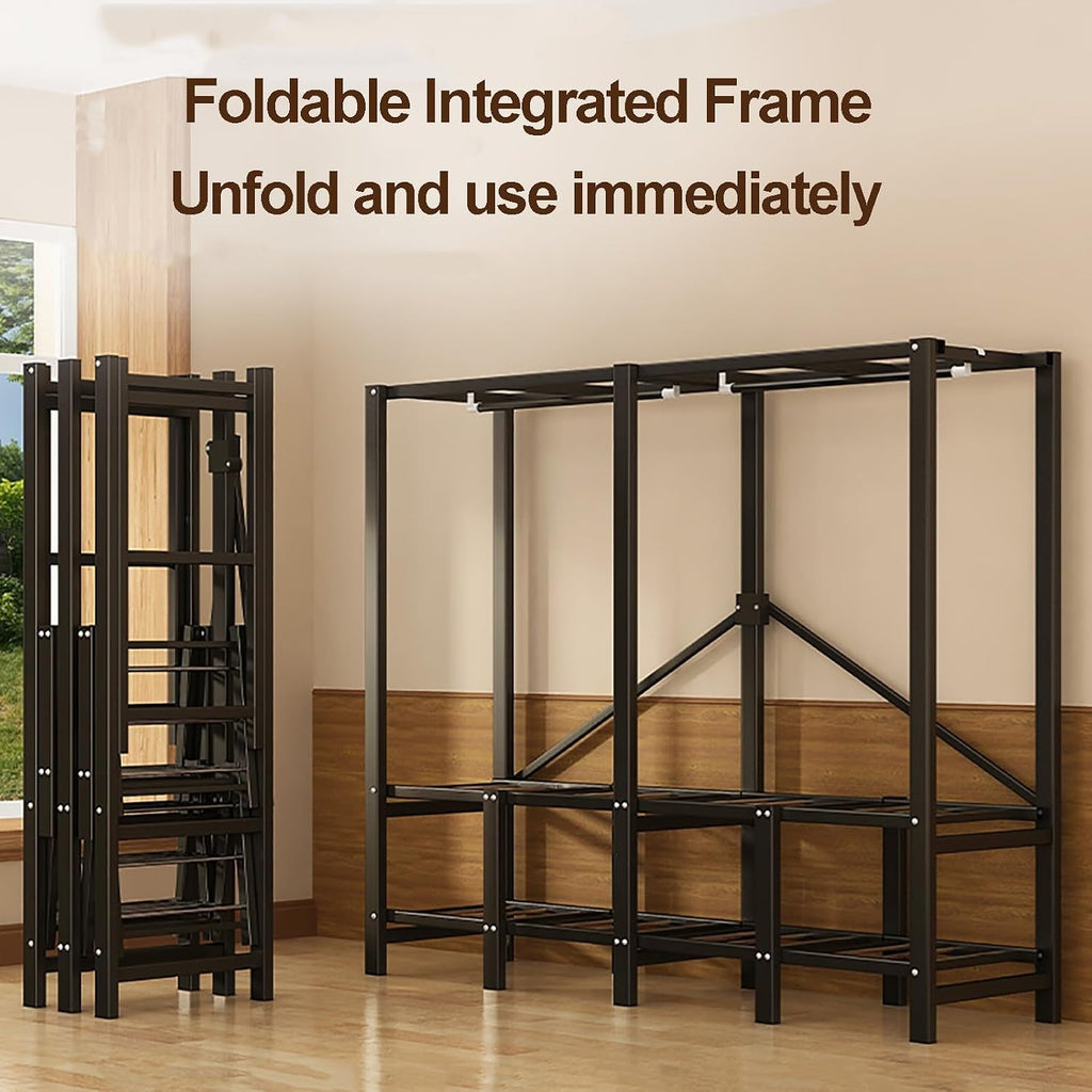 Wardrobe Closets With Cover, Foldable Garment Rack With Hanging Rods, Metal Standing Clothes Rack, One-Piece Folding Base, Freestanding Clothing Rack, For Bedroom(Blue,130cm/51.2nch)