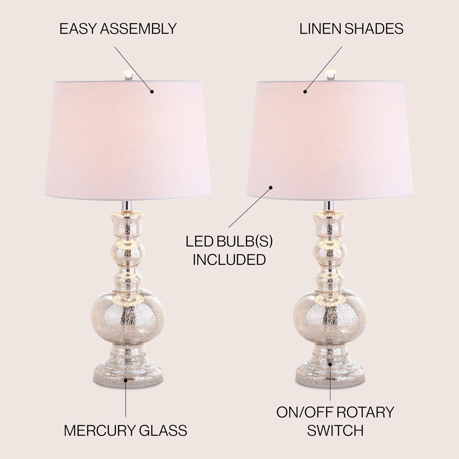 JONATHAN Y 28.5' Mercury Silver Glass Table Lamp Set of 2 for Living Room Bedroom Decor, Modern Bedside Lamps with White Linen Shade, LED Bulbs Included (JYL1061D-SET2)