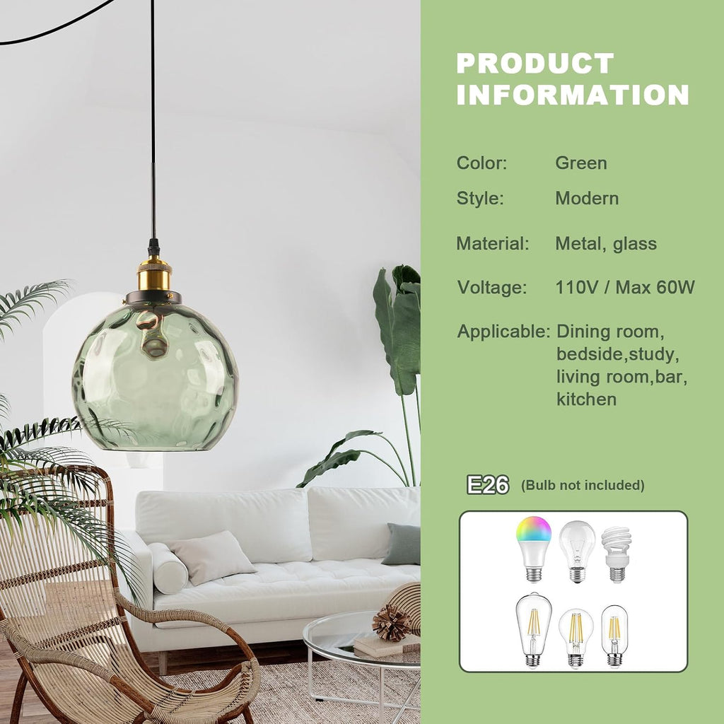 Small Plug in Pendant Light for Ceiling, Green Glass Hanging Light Shade 7.8-inch Hand Blown Mid Century Modern Chandelier for Kitchen Island Dining Room Living Room Bedroom Corner