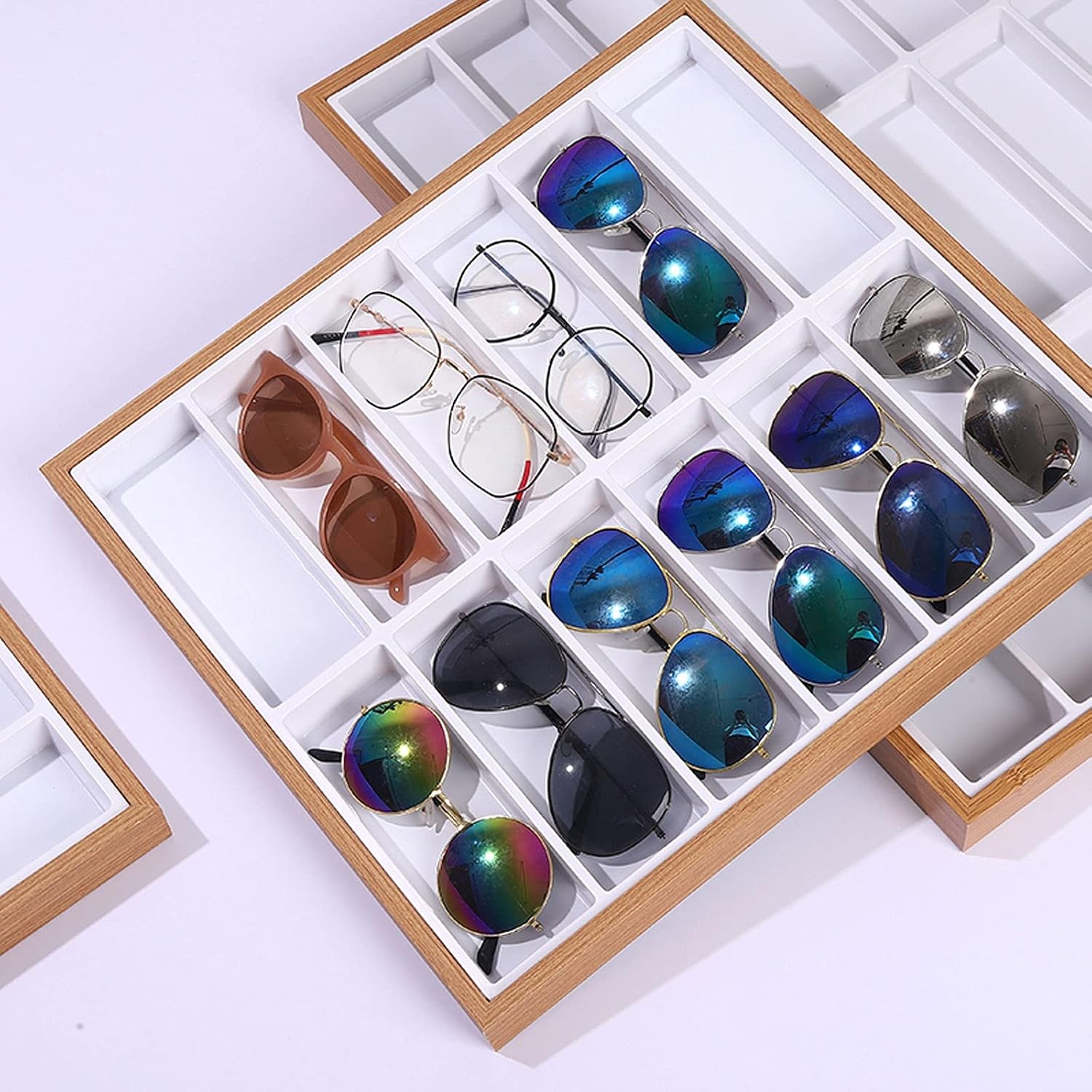 Eyeglass Displays Wooden 7/12/18 Compartments Eyeglass Display Organizer Open Top Eyeglasses Sunglass Storage Case Box Eyewear Tray Stand Display Risers(L)