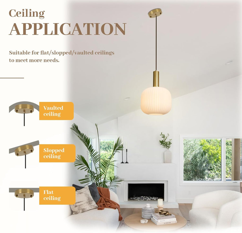 Milk Glass Pendant Light, Mid Century Modern Pendant Lighting with Striped Glass Globe, White and Gold Pendant Ceiling Light Fixture for Kitchen Island Dining Room Bedroom Hallway