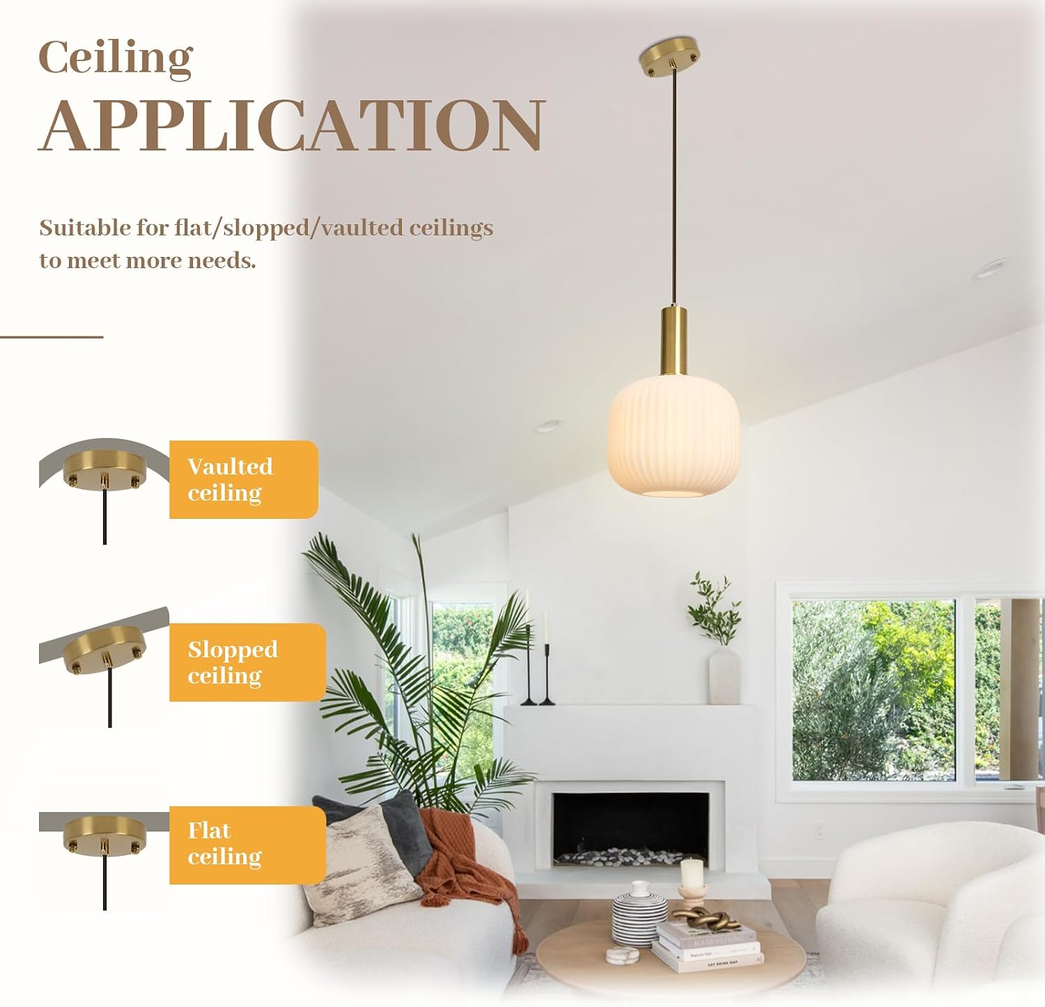 Milk Glass Pendant Light, Mid Century Modern Pendant Lighting with Striped Glass Globe, White and Gold Pendant Ceiling Light Fixture for Kitchen Island Dining Room Bedroom Hallway