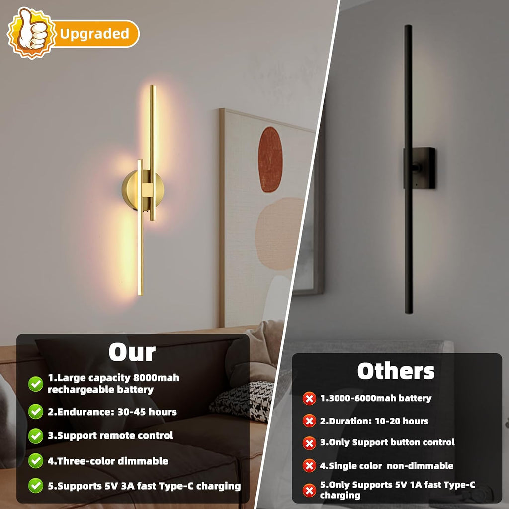 Battery Operated Wall Sconce Set of 2,Gold 23.6' 3000K-6500K LED Dimmable Wall Sconces with Remote Control,Wireless Wall Light USB Rechargeable for Bedroom Hallway Living Room Background Wall Lighting
