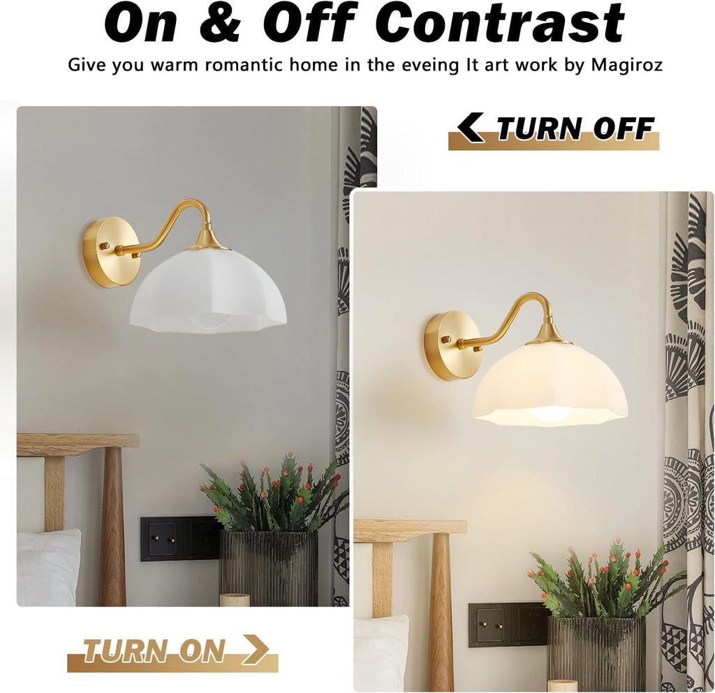 Gold Wall Sconce Set of 2 Mid Century Modern Wall Mount Light Hardwired Sconces Wall Lighting with Milky White Glass Shade Indoor Bedside Sconces Wall Lamp for Living Room Hallway MWL02-2A