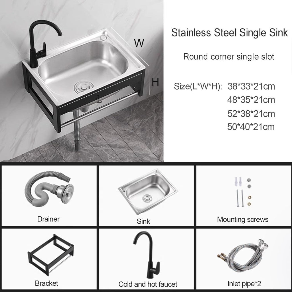 Wall Mounted Kitchen Sink with Towel Rack, Stainless Steel Utility Sink Washing with Hot and Cold Water Tap and Pipe, Single Bowl Restaurant Sink for Lau,52 * 38 * 21cm