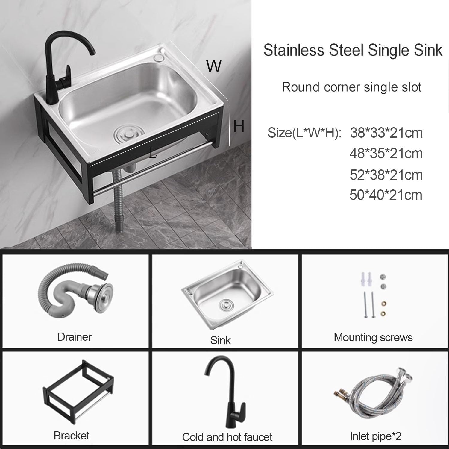 Wall Mounted Kitchen Sink with Towel Rack, Stainless Steel Utility Sink Washing with Hot and Cold Water Tap and Pipe, Single Bowl Restaurant Sink for Lau,52 * 38 * 21cm