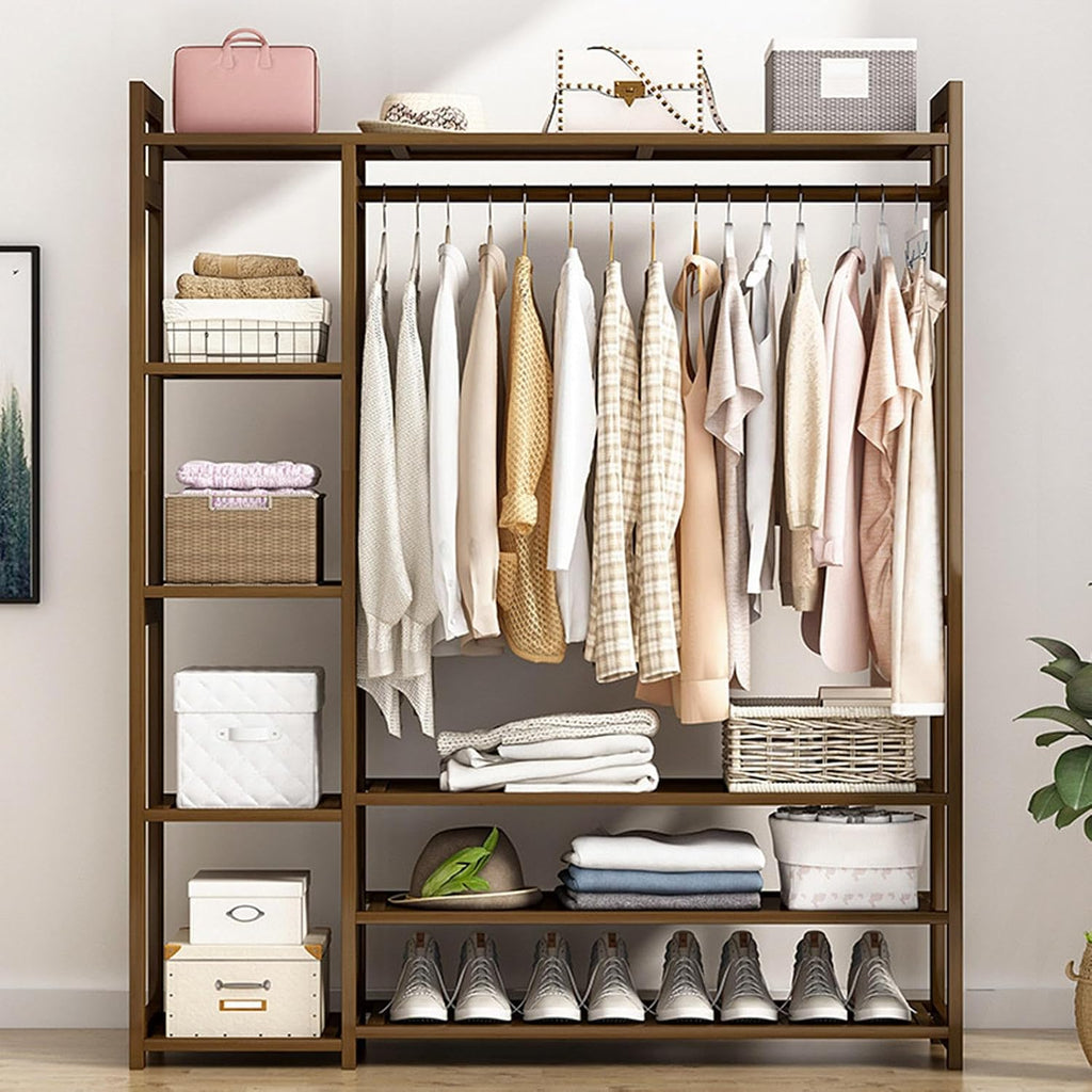 Free Standing Clothing Racks for Hanging Clothes, Bamboo Garment Rack Closet Organizer with Storage Shelves,Clothes Organizer for Bedroom, Living Room,100 * 30 * 150cm