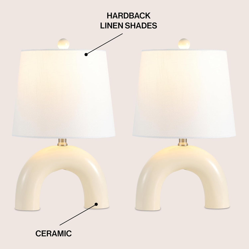 JONATHAN Y 17.75' Almond Modern Ceramic Arch Table Lamp Set of 2 for Bedroom, Scandinavian Minimalist Bedside Lamps with White Linen Shade, LED Bulbs Included JYL5503A-SET2