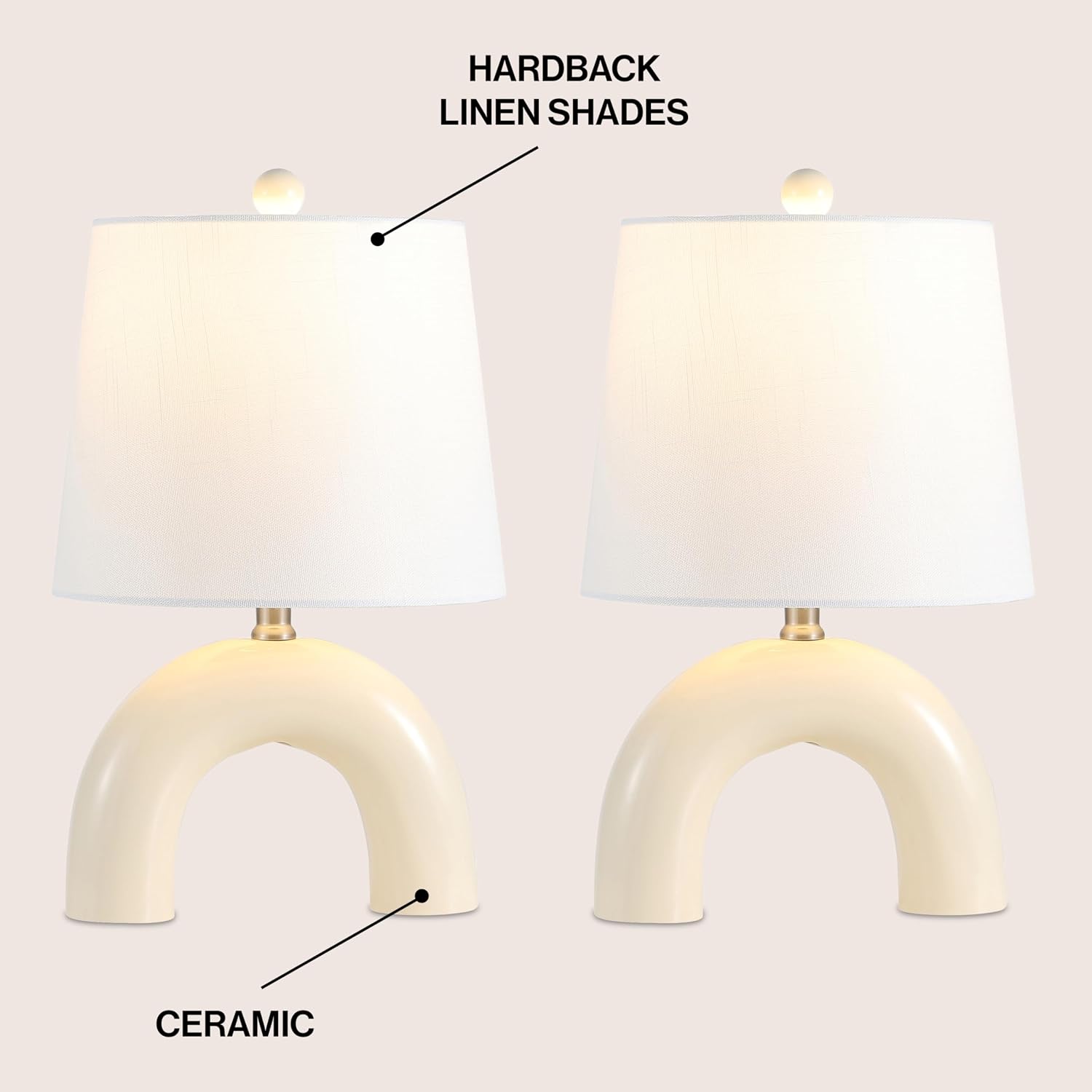 JONATHAN Y 17.75' Almond Modern Ceramic Arch Table Lamp Set of 2 for Bedroom, Scandinavian Minimalist Bedside Lamps with White Linen Shade, LED Bulbs Included JYL5503A-SET2
