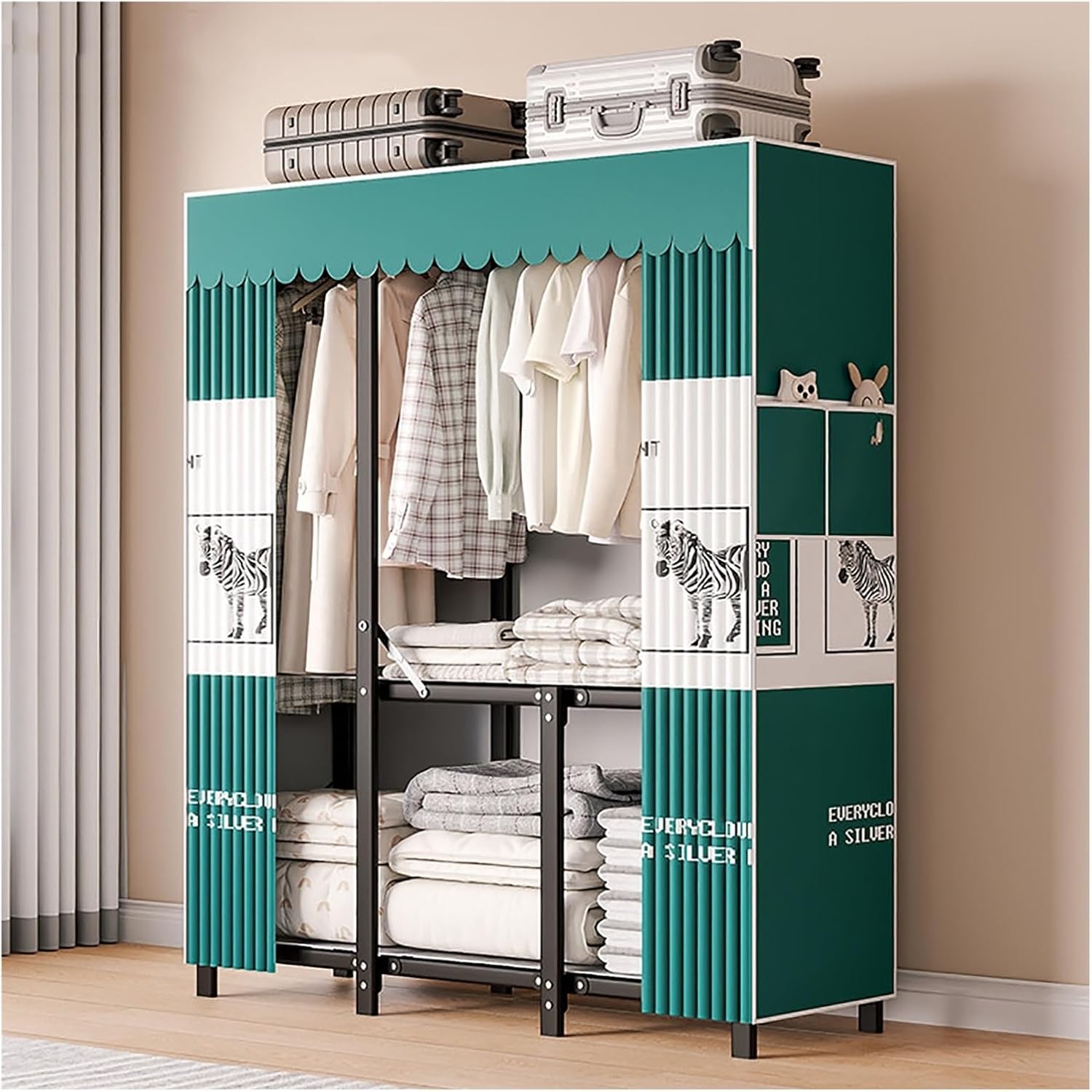 Foldable Portable Wardrobe Closet, Freestanding Covered Metal Clothes Rack with Cover, Heavy Duty Garment Rack for Hanging Clothes, Storage Organizer(Green,145cm/57.1inch)