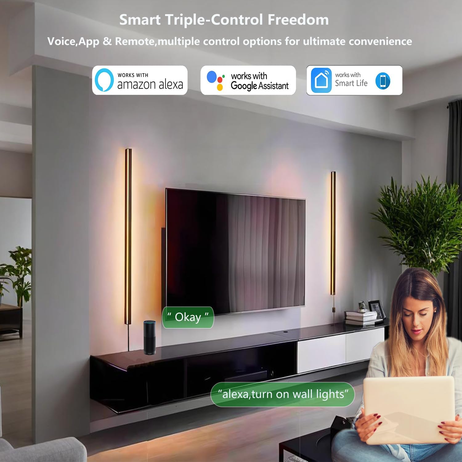 Smart Wall Sconces Set of 2, 35.4 In RGBCW LED Wall Lights Works with Alexa & Google Home, Plug-in or Hardwire Installation Wall Mount Lamp Dimmable for Bedroom, Living Room, Hallway Decor, Music Sync