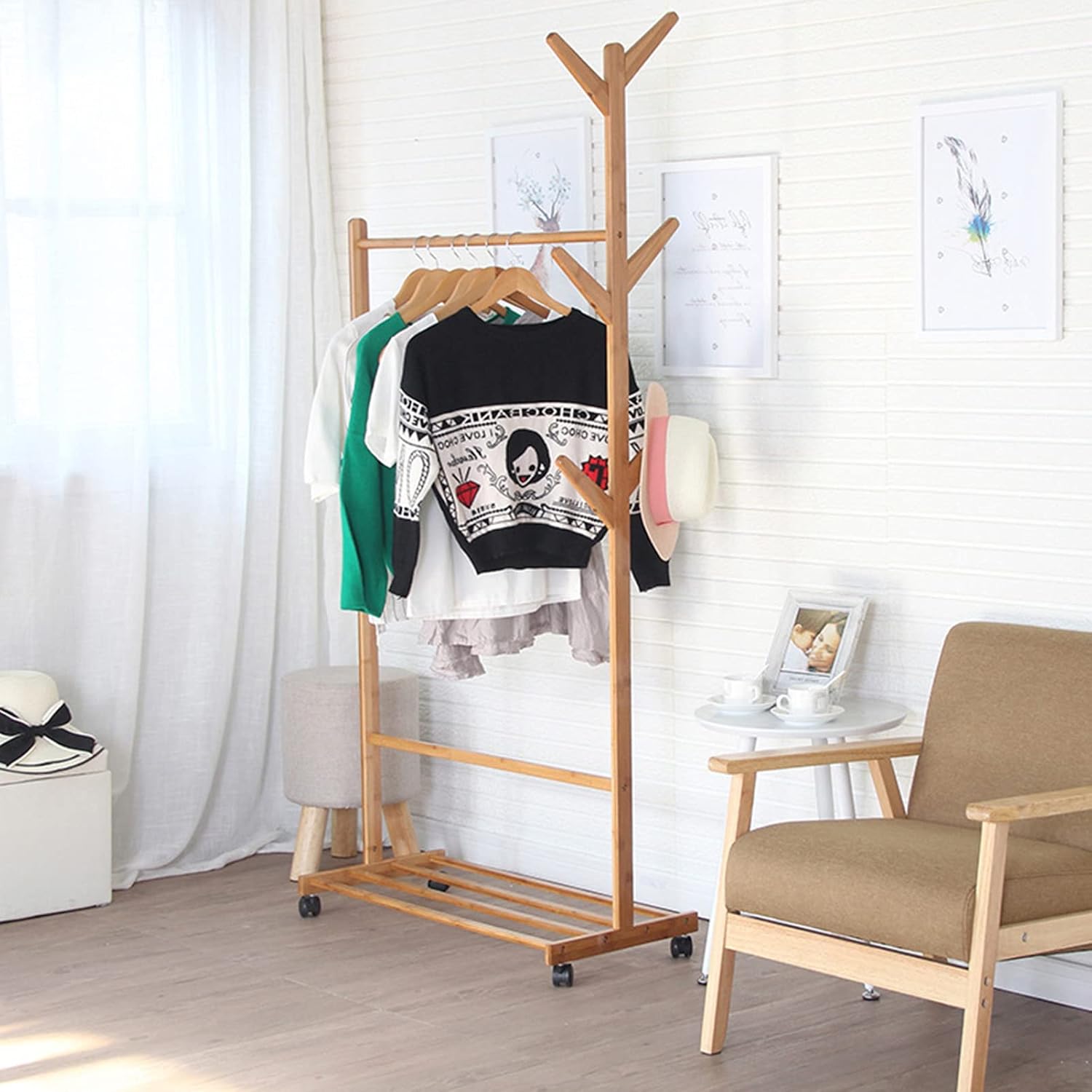Bamboo Garment Rack, Laundry Clothes Drying Rack, Coat Clothes Hanging Heavy Duty Racks With Top Shelf And Shoe Clothing Storage Organizer Shelves For Bedroom (100cm)