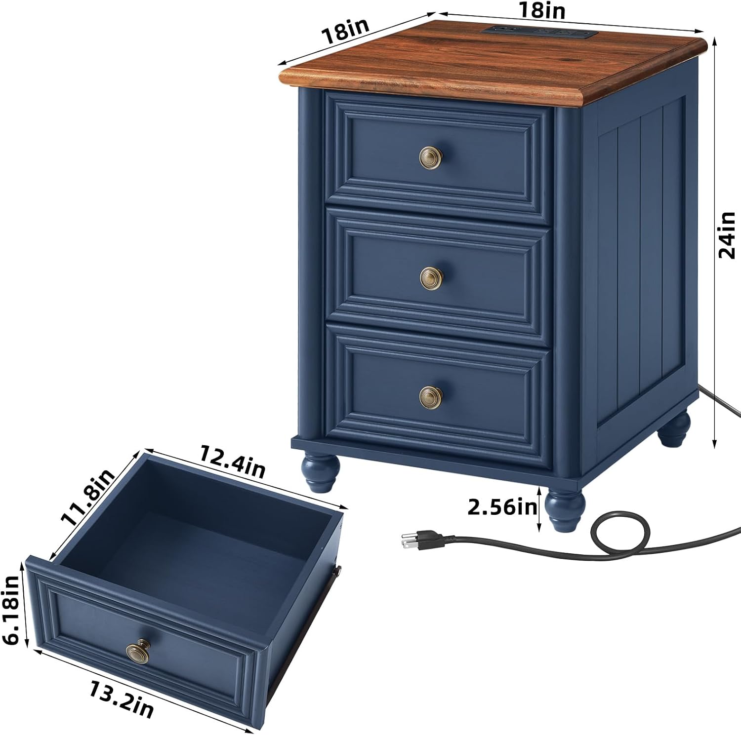 RWYHG 18' Farmhouse Nightstand Set 2 with Charging Station and USB Port, Blue Night Stand with 3 Drawers, Wood Bedside End Table with Storage, Bed Side Tables for Bedroom Living Room and Closet