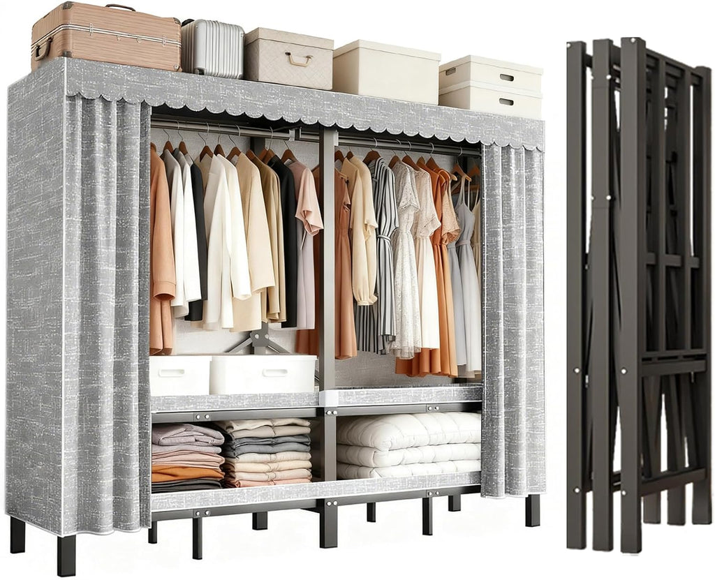 49.2in Heavy Duty Portable Closet, Foldable Wardrobe Closet with Cover, Metal Clothing Shelves for Clothes Organizers and Storage, for Bedrooms, Apartments, Rental Properties (Grey, 49.2in)