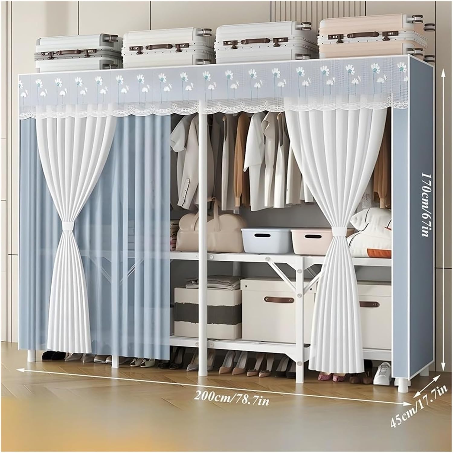 Clothes Rail Garment Rack Foldable Wardrobe Closet Rack, Heavy Duty Portable Closets With Cover Bedroom Armoires Freestanding Clothing Rolling Garment Racks For Hanging Clothes Load 2000lbs(Blue,200x4