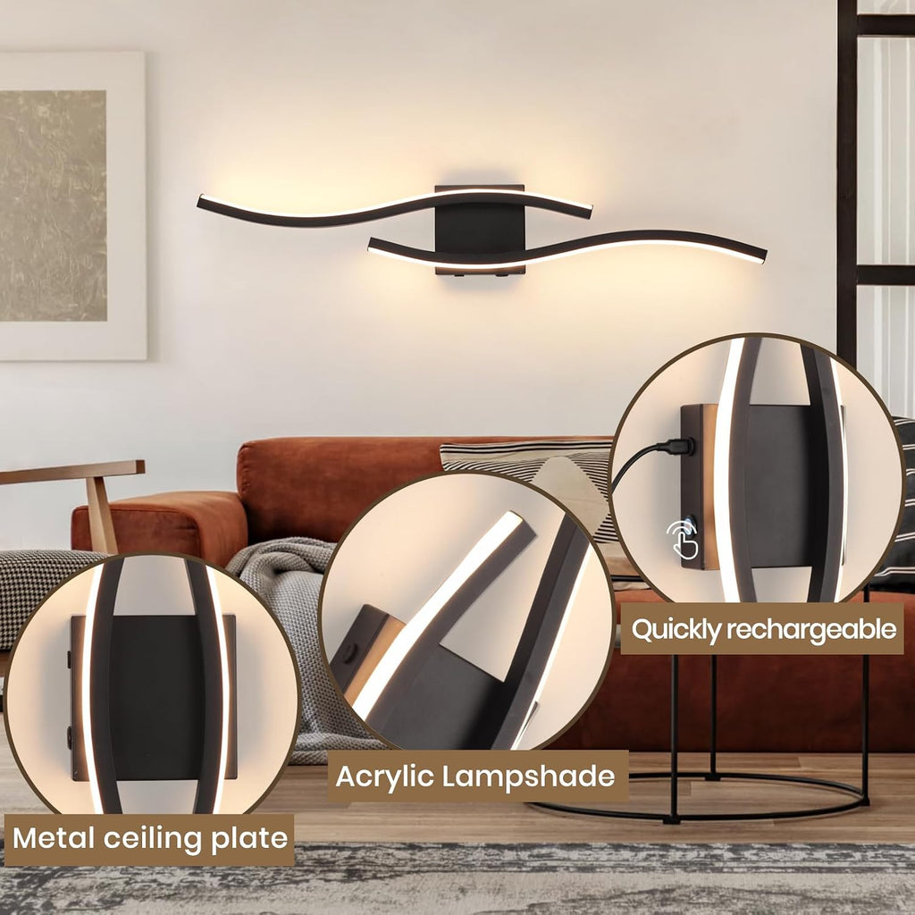 Modern LED Wall Sconce set of Two, Battery Powered Wall Sconces set of 2 with Timer, Black Wall Light with Remote, LED Wall Lamp indoor not hardwired for Bathroom Living Room Bedroom Corridor