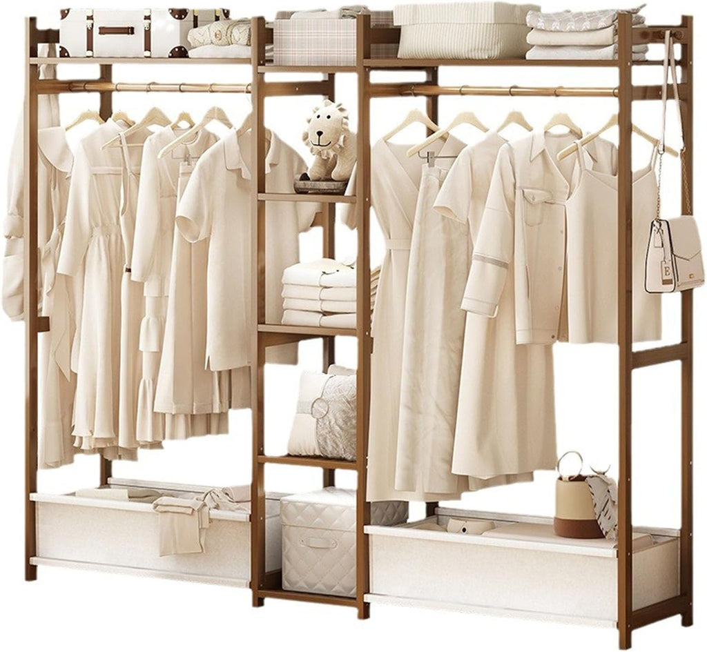Bamboo Garment Rack, Free Standing Clothes Coat Hanger Rolling Closet Organizer with Shoe Rack Wardrobe Storage Shelves for Hall Living Room Bedroom Office, Walnut