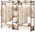 Bamboo Garment Rack, Free Standing Clothes Coat Hanger Rolling Closet Organizer with Shoe Rack Wardrobe Storage Shelves for Hall Living Room Bedroom Office, Walnut