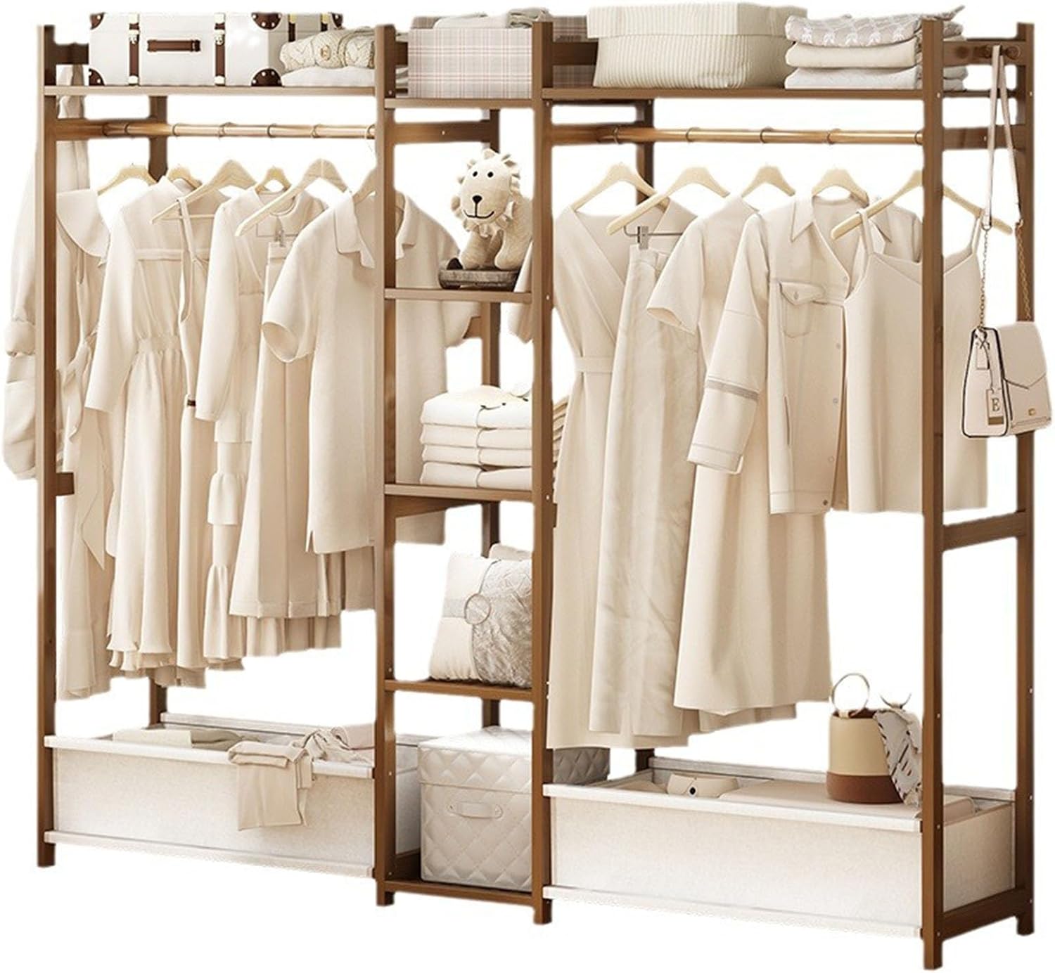Bamboo Garment Rack, Free Standing Clothes Coat Hanger Rolling Closet Organizer with Shoe Rack Wardrobe Storage Shelves for Hall Living Room Bedroom Office, Walnut